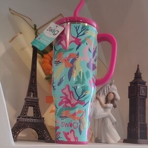 Swig Floral Turquoise & Pink Handle Travel Tumbler